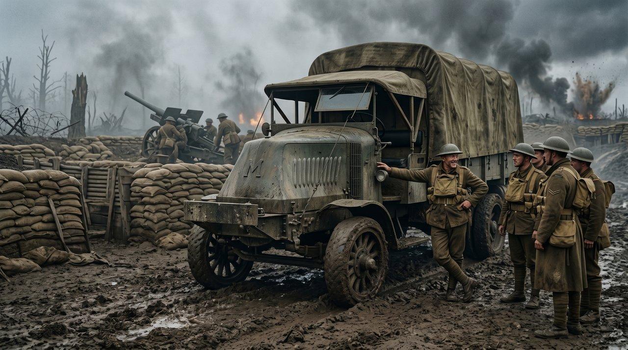 Illustration of British soldiers standing beside a muddy Mack AC military truck near a WWI trench and artillery gun