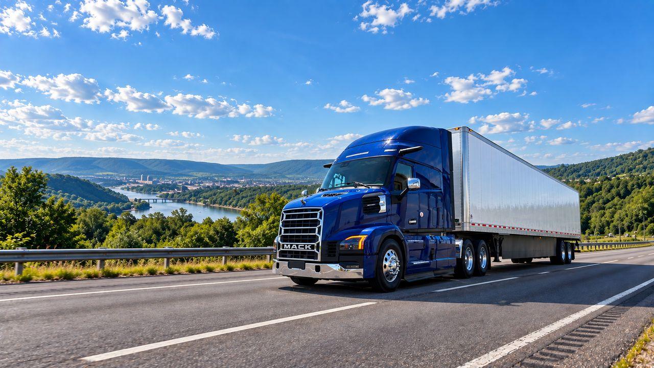Blue Mack Anthem sleeper tractor with a white trailer driving on a highway above a river valley