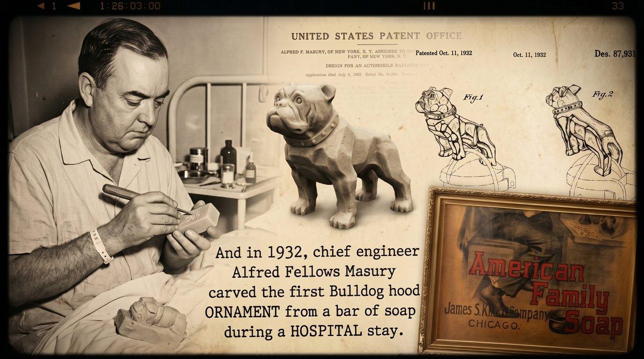 Illustration of Alfred Fellows Masury carving a bulldog from a bar of soap in a hospital bed, with the 1932 patent drawings of the Mack bulldog hood ornament