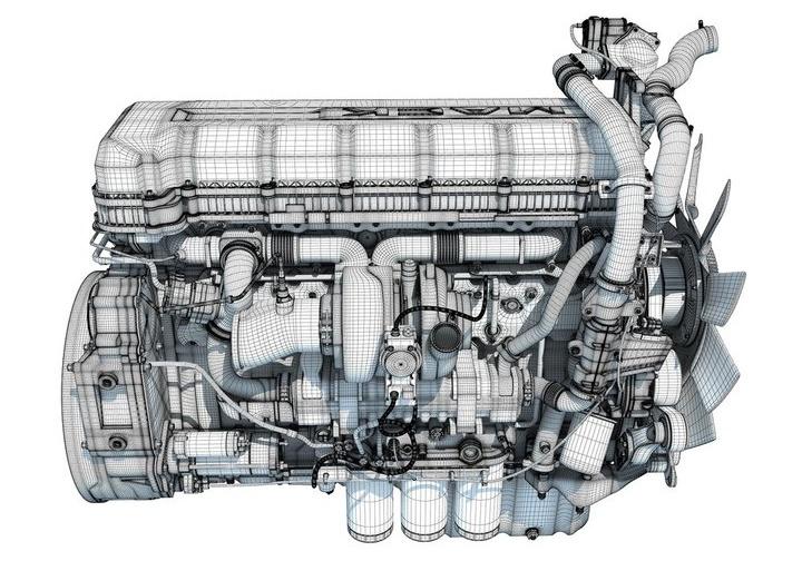 3D wireframe render of a Mack MP8 diesel engine seen from the side
